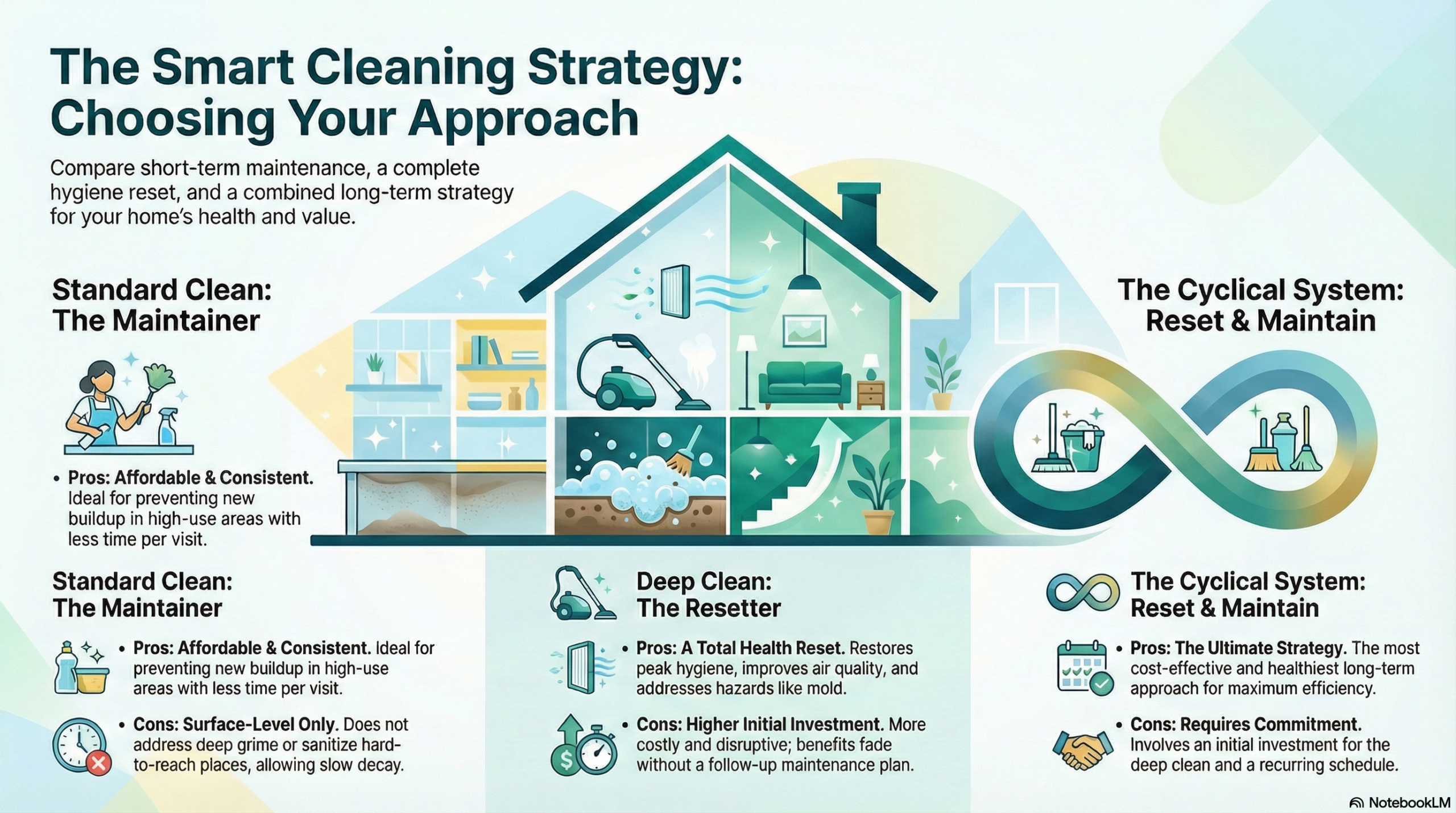 A circular diagram showing the "Reset and Maintain" system: beginning with a foundational Deep Clean to reset the hygiene baseline, followed by recurring Standard Cleaning to preserve it.