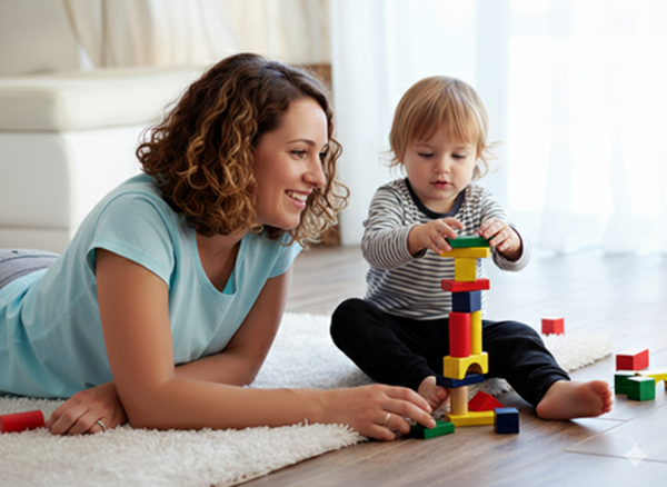 A mother and child playing safely on a freshly cleaned floor in a bright living room.
