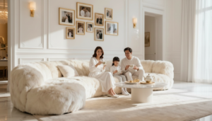 Family relaxing in a bright luxury living room after professional vacation rental cleaning in Lafayette, Colorado