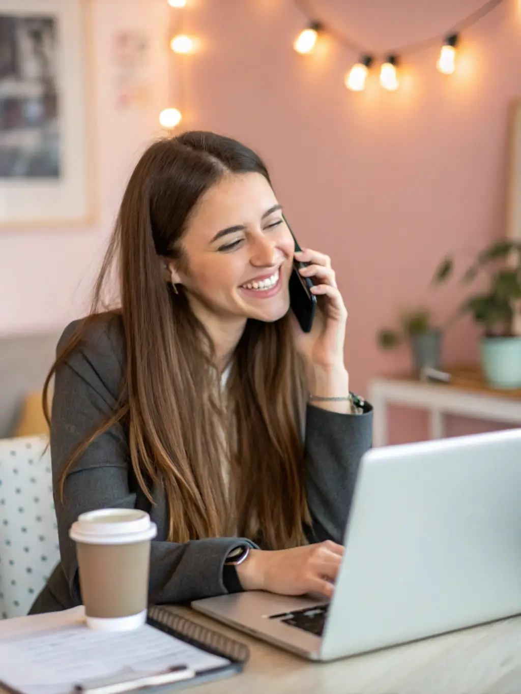 Woman providing 24/7 guest support on the phone at a laptop, representing co-hosting services in Breckenridge, Colorado