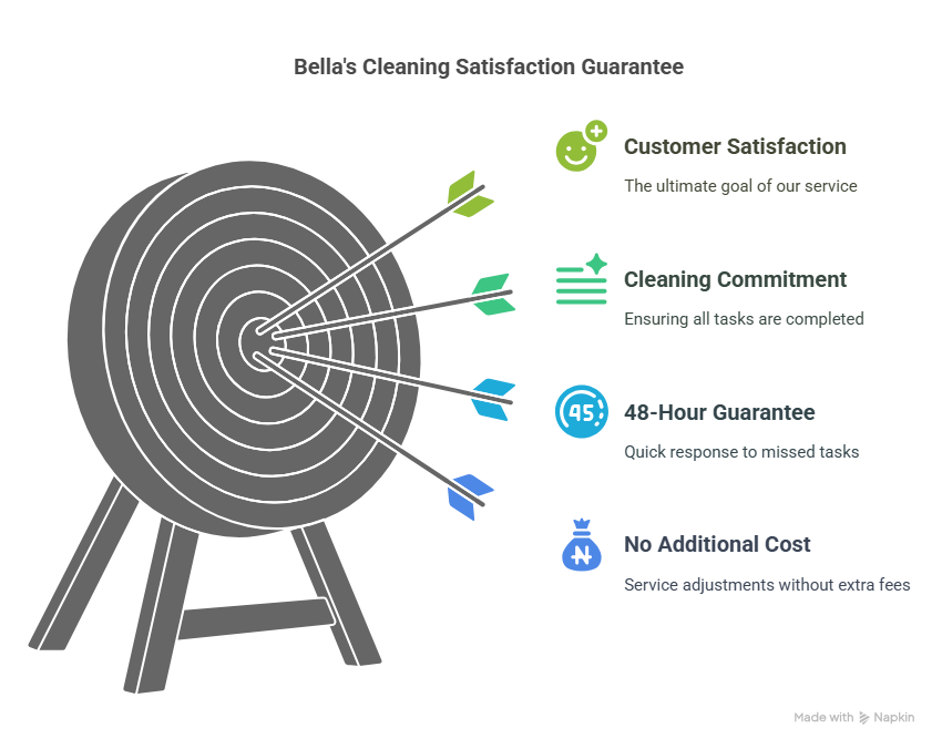 Target with arrows illustrating Bella’s Cleaning Satisfaction Guarantee: customer satisfaction, cleaning commitment, 48-hour guarantee, and no additional cost for service adjustments.