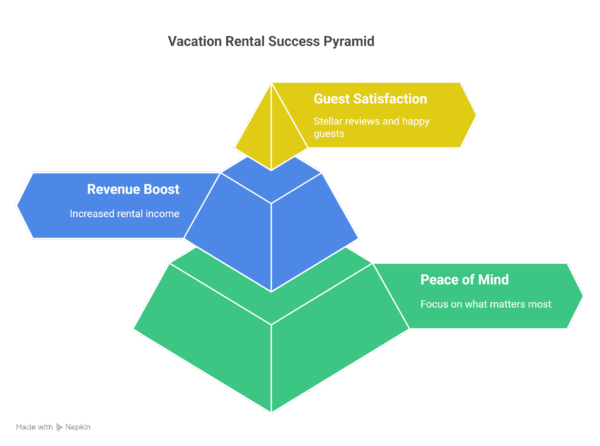 Infographic of a three-level pyramid labeled Vacation Rental Success Pyramid, illustrating guest satisfaction at the top, revenue boost in the middle, and peace of mind as the foundation.