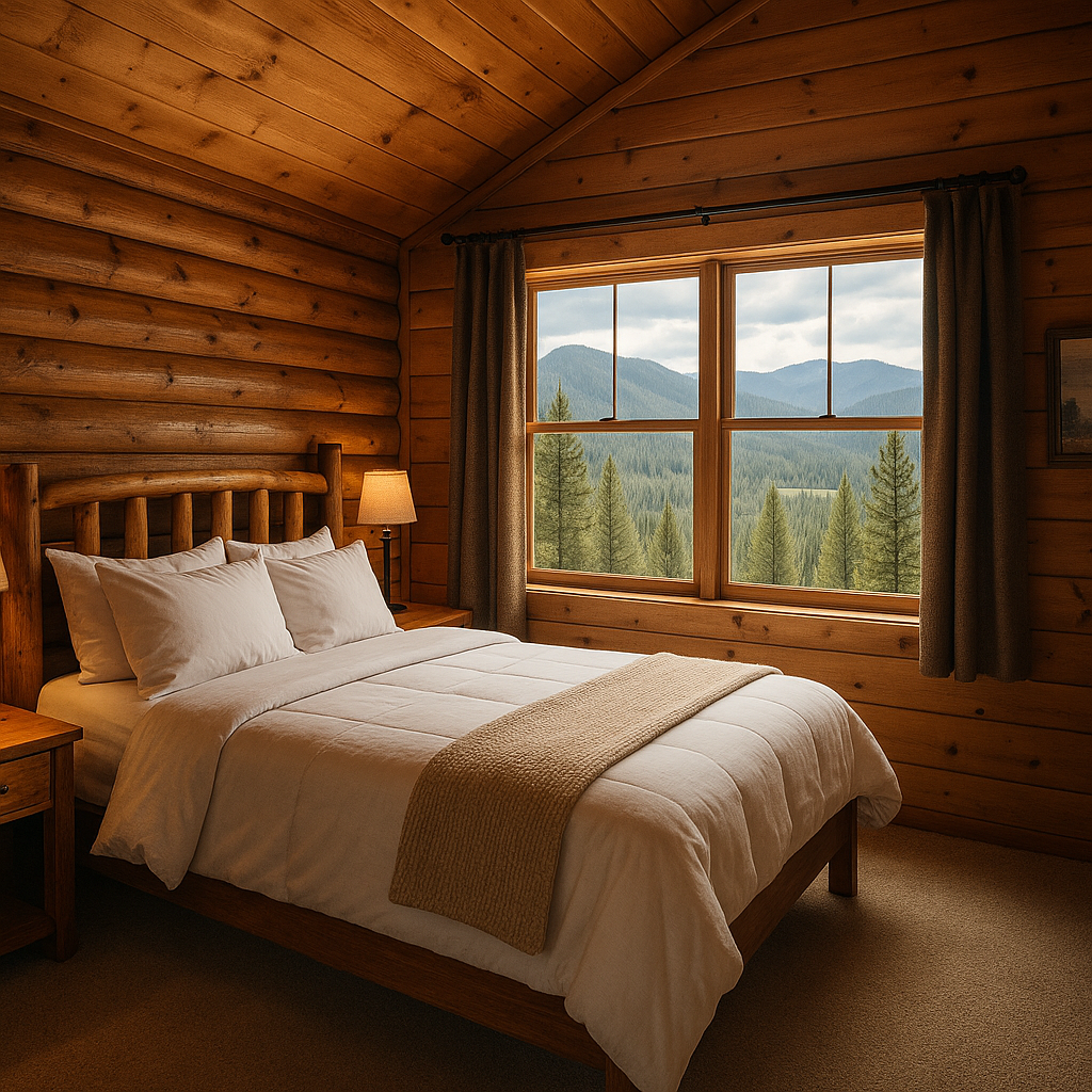 Freshly made bed in a cozy cabin with pine foothills view, Bella's Mountain Vacation Cleaning