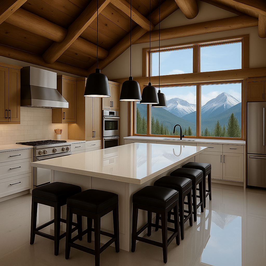 A bright, modern cabin kitchen with expansive white countertops that reflect the surrounding mountain landscape like a mirror. The space is filled with natural light from large windows, highlighting the clean, toxin-free surfaces and emphasizing a commitment to healthy, non-toxic living.