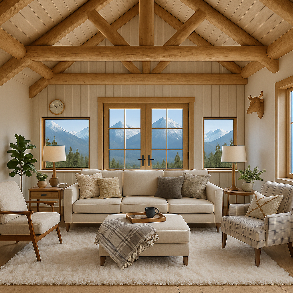 Bright luxury cabin living room with vaulted white wood ceilings, cozy modern furniture, and large windows, styled for upscale mountain short-term rentals.