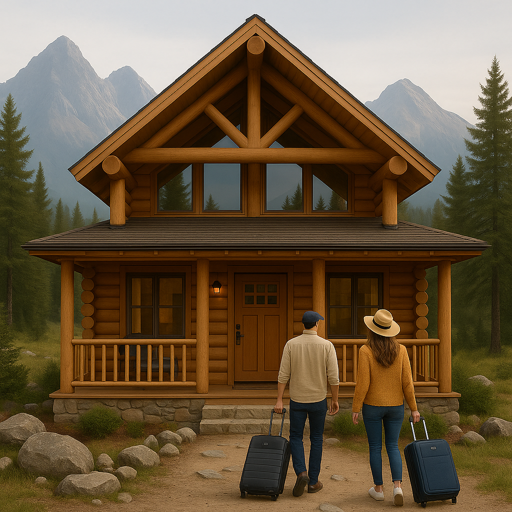 Couple with luggage arriving at a cozy mountain cabin with stone path, surrounded by mountain views and natural landscape, ready for vacation check-in.
