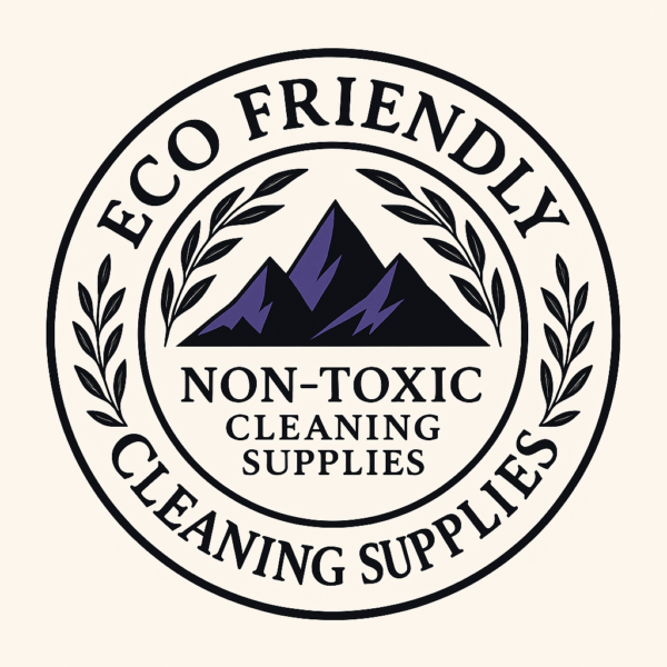 Luxurious eco-friendly cleaning company logo with elegant black sign, leaf circle, and purple mountains for Blue River and Breckenridge, Colorado