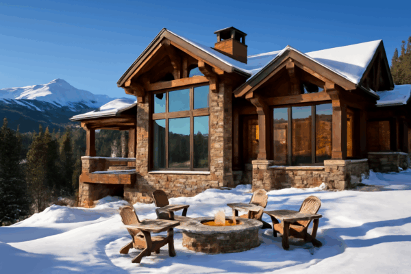 Photorealistic luxury mountain cabin set among the scenic Breckenridge mountains with expansive views and modern architecture.