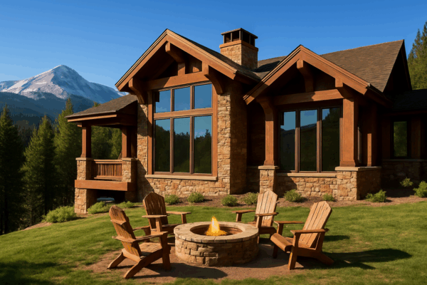 High-end mountain vacation home with stone exterior, large windows, fire pit, and scenic Boulder County backdrop—Bella’s Mountain Vacation Cleaning