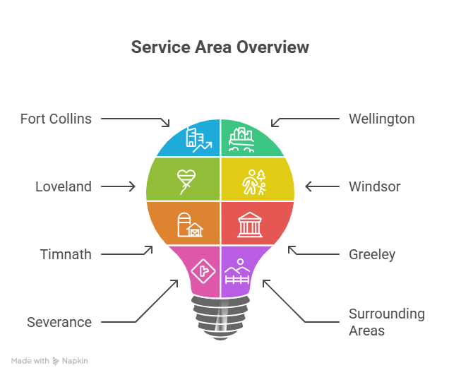 Lightbulb infographic showing Bellas Mountain Vacation Cleaning service areas: Fort Collins, Loveland, Timnath, Severance, Wellington, Windsor, Greeley, and surrounding Colorado communities — luxury vacation rental cleaning and eco-friendly home care.