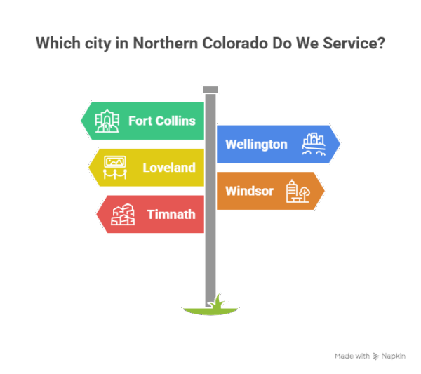 Signpost graphic listing Fort Collins, Loveland, Timnath, Wellington, and Windsor as Northern Colorado cities serviced by Bellas Mountain Vacation Cleaning for residential and short-term rentals.