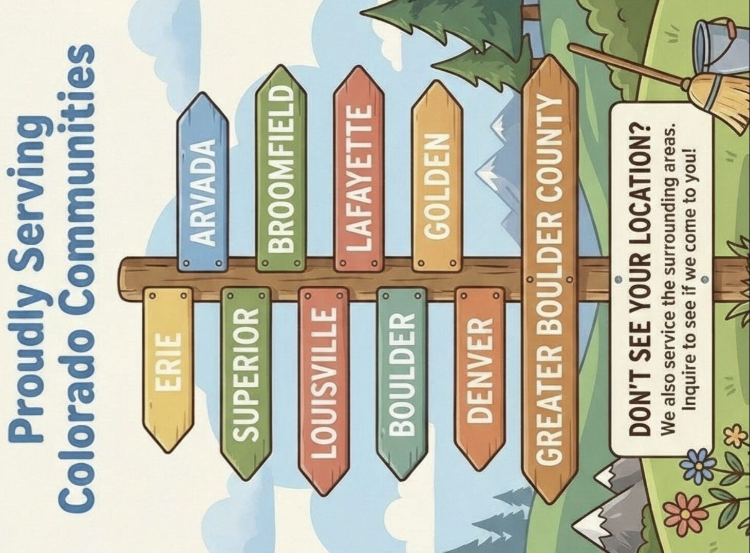 Colorful signpost illustration showing Bellas Mountain Vacation Cleaning service areas in Erie, Superior, Louisville, Boulder, Denver, Arvada, Longmont, Lafayette, Golden, and Greater Boulder County, Colorado, with mountains and cleaning supplies in the background.​
