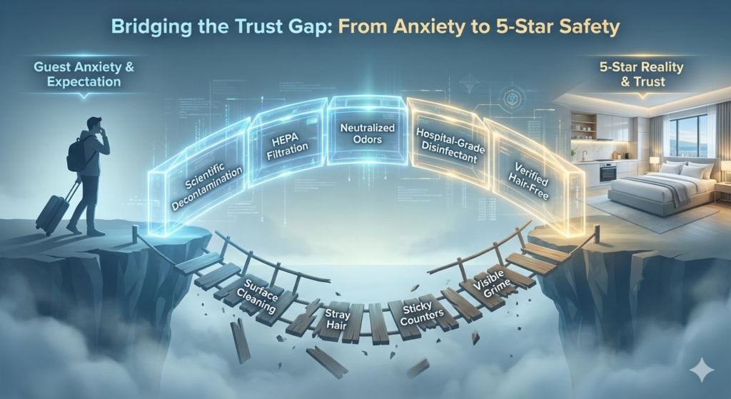 The 5 most common cleaning complaints from Airbnb guests that lead to refunds 2 An infographic from Bella’s Mountain Vacation Cleaning showing a bridge of trust signals—Scientific Decontamination, HEPA Filtration, and Neutralized Odors—connecting guest anxiety to a 5-star Airbnb reality in Boulder, Colorado.
