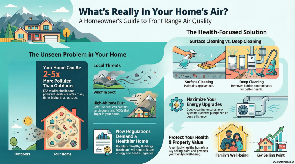 An infographic titled "What’s Really In Your Home’s Air? A Homeowner’s Guide to Front Range Air Quality". The graphic is divided into sections explaining the "Unseen Problem" and a "Health-Focused Solution":
The Problem: It notes that indoor air can be 2 to 5 times more polluted than outdoor air according to EPA studies. Local threats identified include wildfire soot and high-altitude dust containing carcinogens and VOCs.
Regulations: It mentions Boulder’s "Healthy Buildings Roadmap" which will require future energy and health upgrades.
The Solution: It compares "Surface Cleaning" (which maintains appearance) to "Deep Cleaning" (which removes hidden contaminants).
Benefits: Deep cleaning is presented as a way to maximize energy upgrades, such as heat pumps, and protect both family well-being and property value.