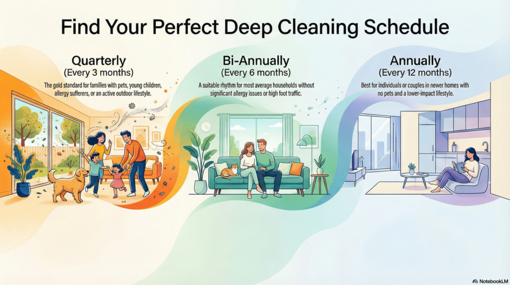 An infographic titled "Find Your Perfect Deep Cleaning Schedule" featuring three household scenarios. The "Quarterly" option shows a busy family with a dog and children in a messy room, recommended for active lifestyles or allergy sufferers. The "Bi-Annually" option shows a couple with a cat in a tidy living room, recommended for average households. The "Annually" option shows a single person reading in a minimalist, clean modern apartment, recommended for low-impact lifestyles without pets.