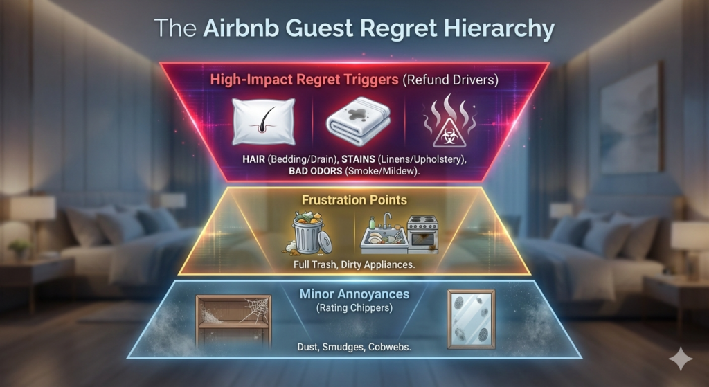The 5 most common cleaning complaints from Airbnb guests that lead to refunds 1 An infographic titled 'The Airbnb Guest Regret Hierarchy' by Bella’s Mountain Vacation Cleaning, categorizing short-term rental cleaning issues from minor annoyances like dust to high-impact refund drivers like hair, stains, and odors for Denver and Boulder hosts.