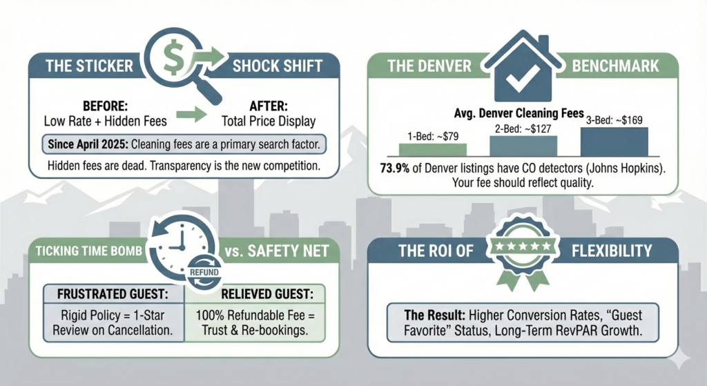 Is a high Airbnb cleaning fee hurting your booking rate in Denver Colorado? 1 An infographic titled "The Sticker Shock Shift" and "The Denver Benchmark" showing four data panels about vacation rental cleaning fees. It features a bar chart of average Denver cleaning fees by room size, a comparison of rigid versus refundable policies, and the impact of price transparency on guest reviews and conversion rates.