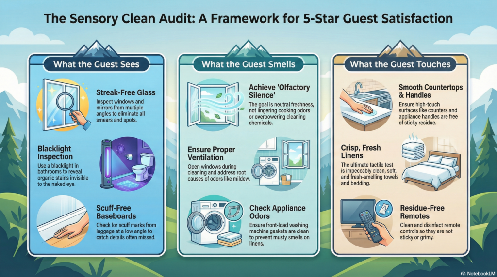 Why your 'visibly clean' property gets 4-star cleanliness reviews and what to do about it 1 An infographic titled "The Sensory Clean Audit" divided into three columns: "What the Guest Sees," "What the Guest Smells," and "What the Guest Touches." Each section uses icons and descriptions to highlight cleaning standards such as streak-free glass, olfactory silence, and residue-free remotes to ensure guest satisfaction.
