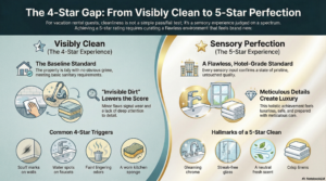 A comparative infographic titled "The 4-Star Gap" showing the difference between a baseline "Visibly Clean" standard and a hotel-grade "Sensory Perfection" standard. It lists hallmarks of a 5-star clean, including gleaming chrome and crisp linens.