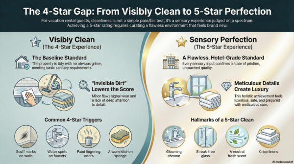 A comparative infographic titled "The 4-Star Gap" showing the difference between a baseline "Visibly Clean" standard and a hotel-grade "Sensory Perfection" standard. It lists hallmarks of a 5-star clean, including gleaming chrome and crisp linens.