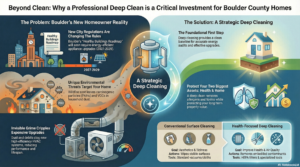 Infographic explaining why professional deep cleaning is a critical investment for Boulder County homes, featuring wildfire soot (PAHs) removal, Healthy Buildings Roadmap compliance (2027-2029), and HVAC efficiency benefits.