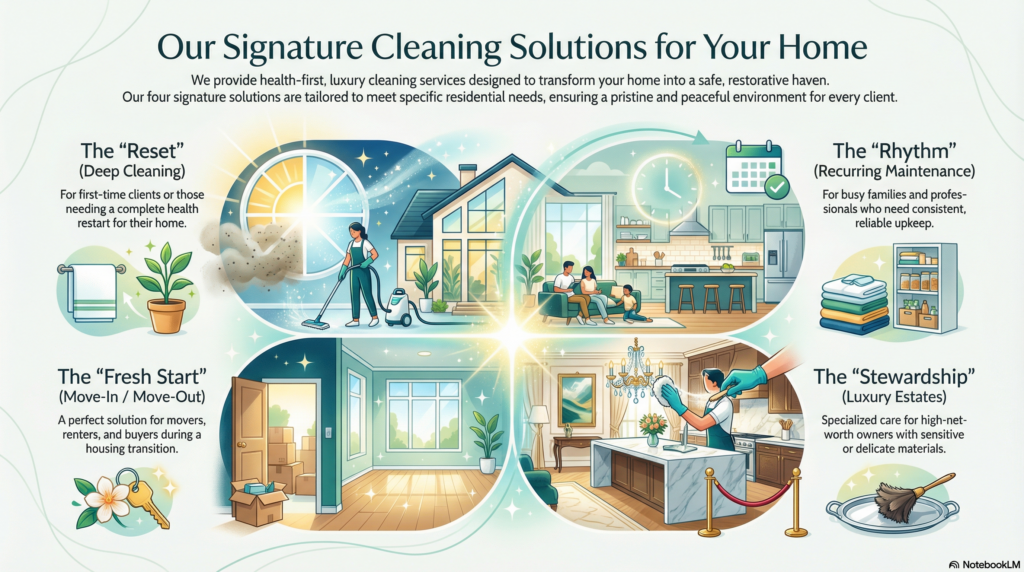 spectrum of residential cleaning services in Boulder County including Deep Cleaning health resets, recurring maintenance, move-in sanitization, and luxury estate stewardship for homes in Lafayette, Erie, and Louisville.