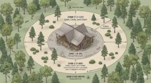 Top-down 3D diagram of a mountain home illustrating the three wildfire defensible space zones: Zone 1 (0-5ft Ember-Resistant), Zone 2 (5-30ft Lean, Clean, and Green), and Zone 3 (30-100ft Reduced Fuel) for Boulder County STR compliance.