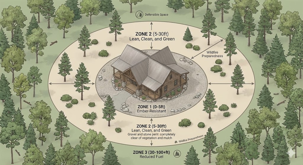 A complete guide to passing the Boulder County STR Life Safety Inspection 2 Top-down 3D diagram of a mountain home illustrating the three wildfire defensible space zones: Zone 1 (0-5ft Ember-Resistant), Zone 2 (5-30ft Lean, Clean, and Green), and Zone 3 (30-100ft Reduced Fuel) for Boulder County STR compliance.