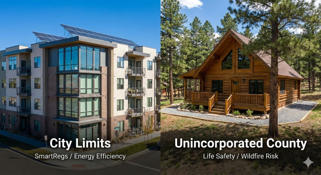A complete guide to passing the Boulder County STR Life Safety Inspection 1 A split-screen comparison showing a modern City of Boulder condo with solar panels (SmartRegs/Energy Efficiency) on the left and a rustic Boulder County mountain cabin with a gravel defensible space border (Life Safety/Wildfire Risk) on the right.