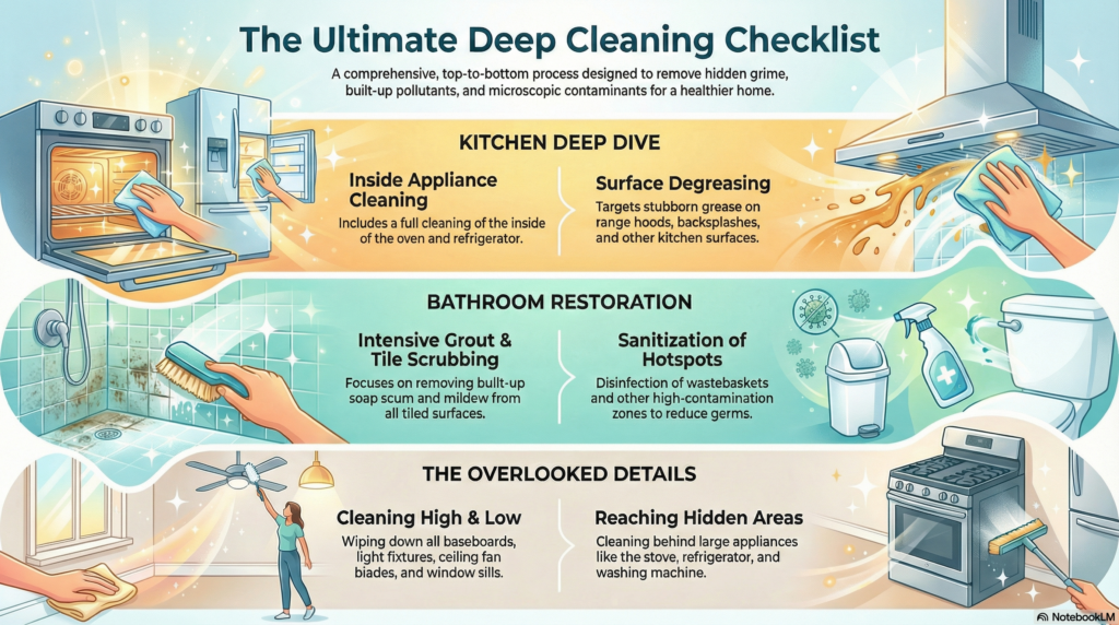 A detailed deep cleaning checklist for Lafayette homes, listing tasks like baseboard wiping, inside oven and refrigerator cleaning, range hood degreasing, grout scrubbing, and light fixture sanitization.