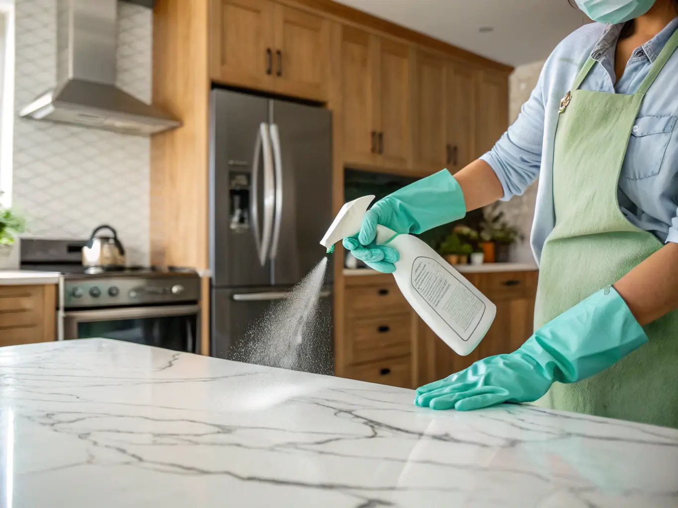 A close-up shot of a Bella's cleaning technician using eco-friendly cleaning products to sanitize a kitchen countertop in a Denver home, emphasizing the commitment to health and safety.