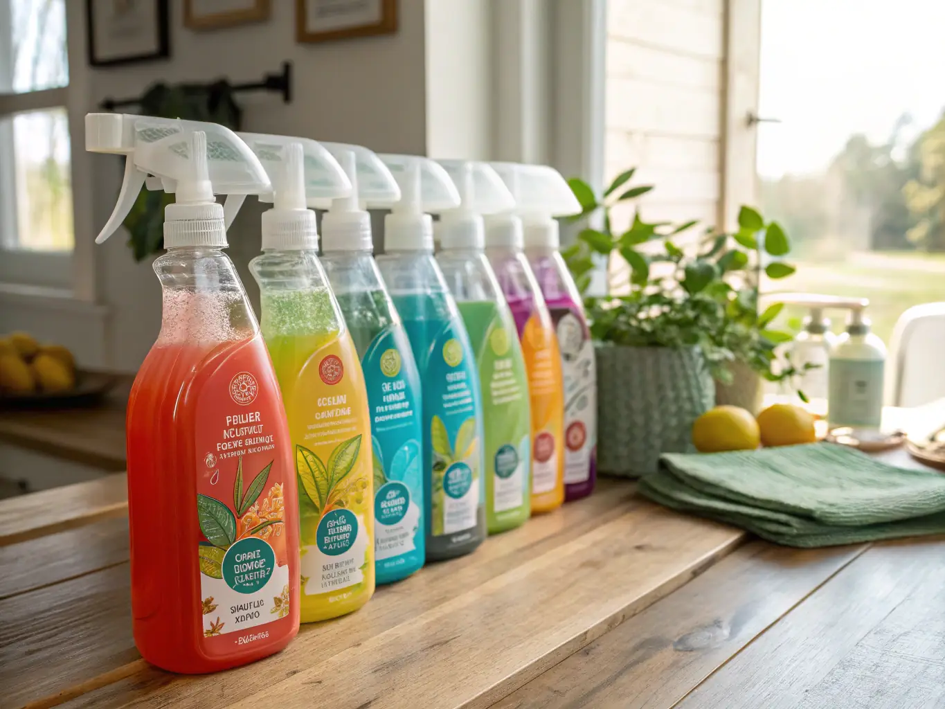 An image showcasing a collection of Bella's Mountain Vacation Cleaning's eco-friendly cleaning products, emphasizing their commitment to sustainability and health.