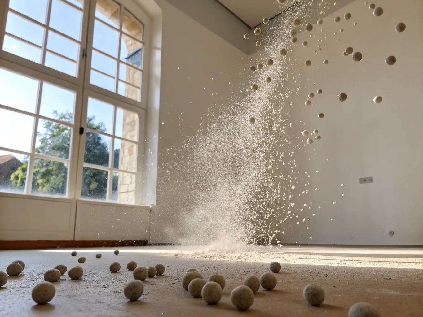 A high-angle, slightly blurred image showing dust particles floating in the air inside a Denver home, illuminated by sunlight streaming through a window. The focus is on the pervasiveness of dust in the high-altitude environment.
