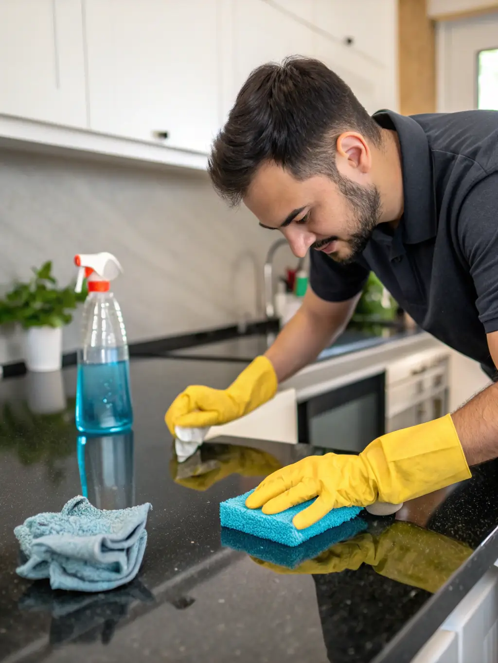 A close-up shot of a sparkling clean kitchen countertop with a person wiping it down, emphasizing the prevention of grime and buildup through regular cleaning.