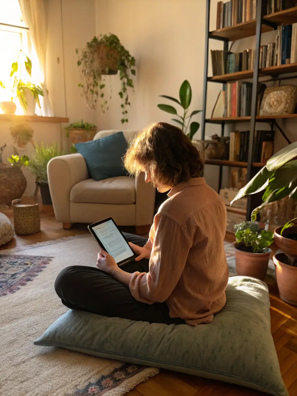 A person meditating in a clean, organized living room with natural light streaming in, emphasizing stress reduction and mental clarity.