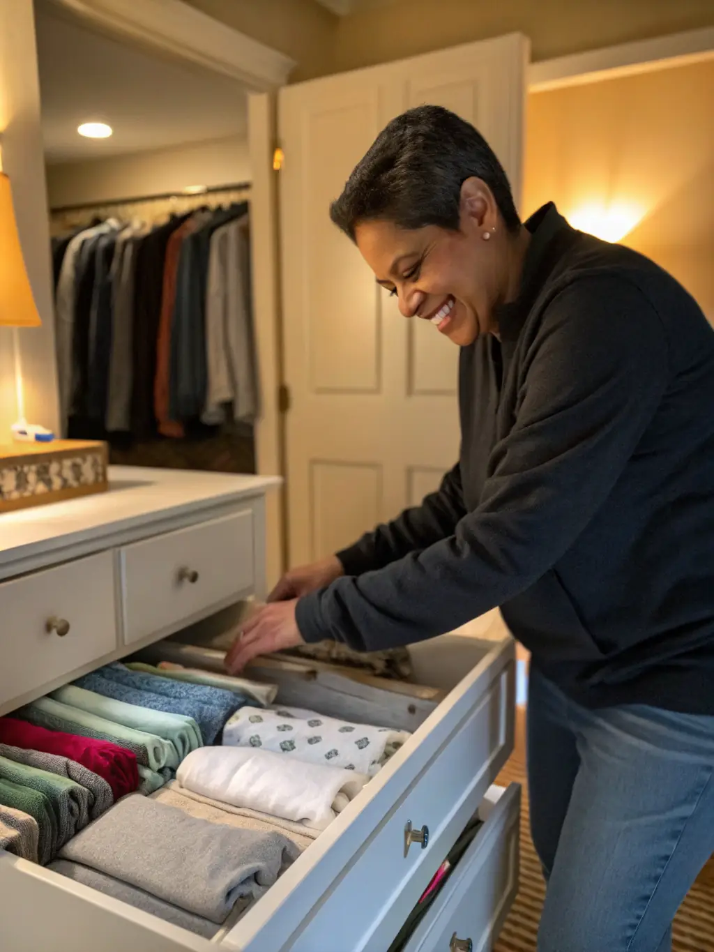 A person smiling while easily finding an item in a well-organized closet, highlighting the ease and convenience of a decluttered home.