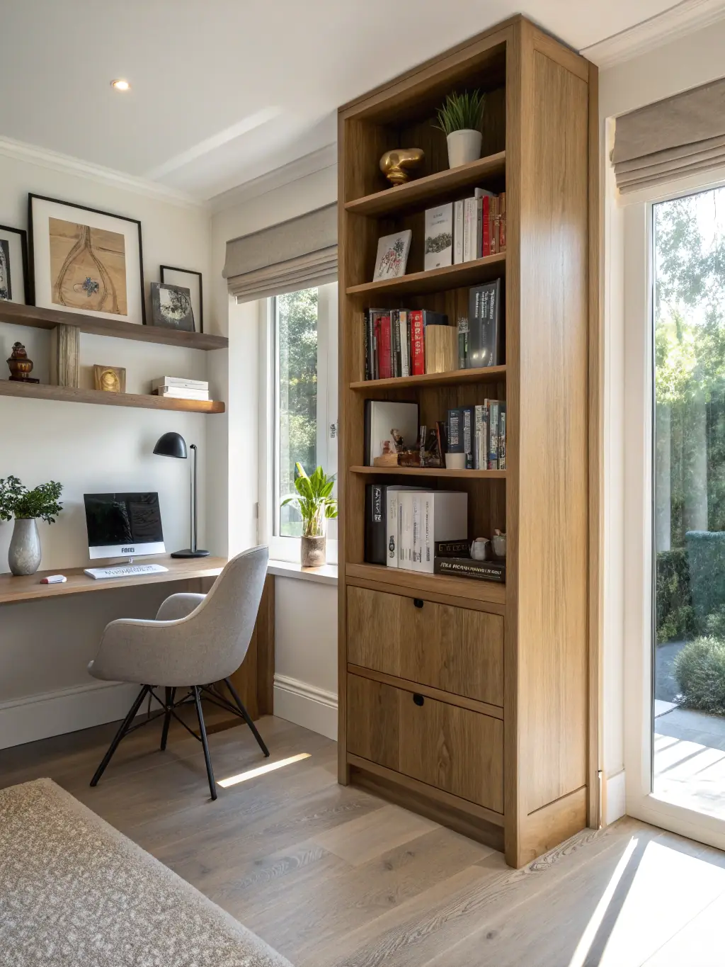A photograph of a dust-free shelf with neatly arranged books and decorative items, bathed in soft, natural light, symbolizing a consistently clean and organized home environment.
