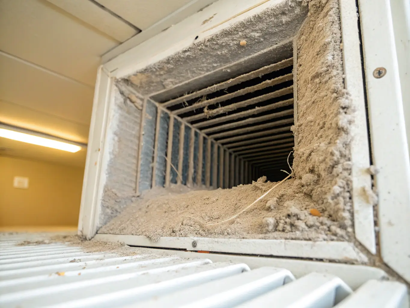 A before-and-after split image showing a Denver home's air duct before and after Bella's cleaning service, visually demonstrating the removal of dust and contaminants.