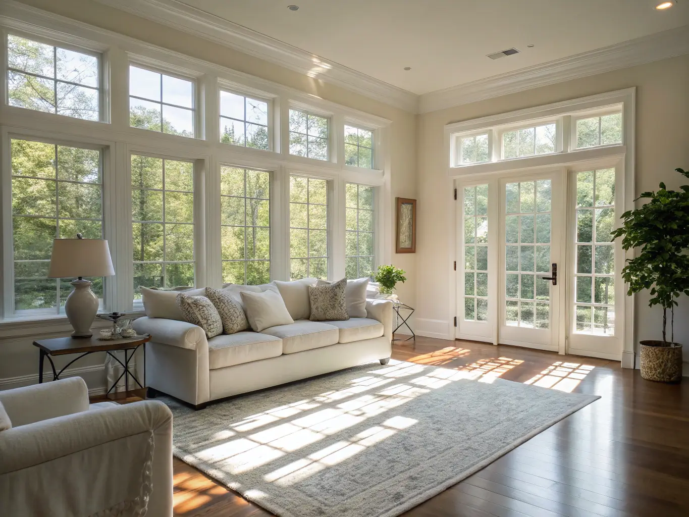 A bright, airy living room in a Denver home, showcasing the cleanliness and order achieved after a deep cleaning service. Sunlight streams through the windows, highlighting the dust-free surfaces and allergen-reduced environment.