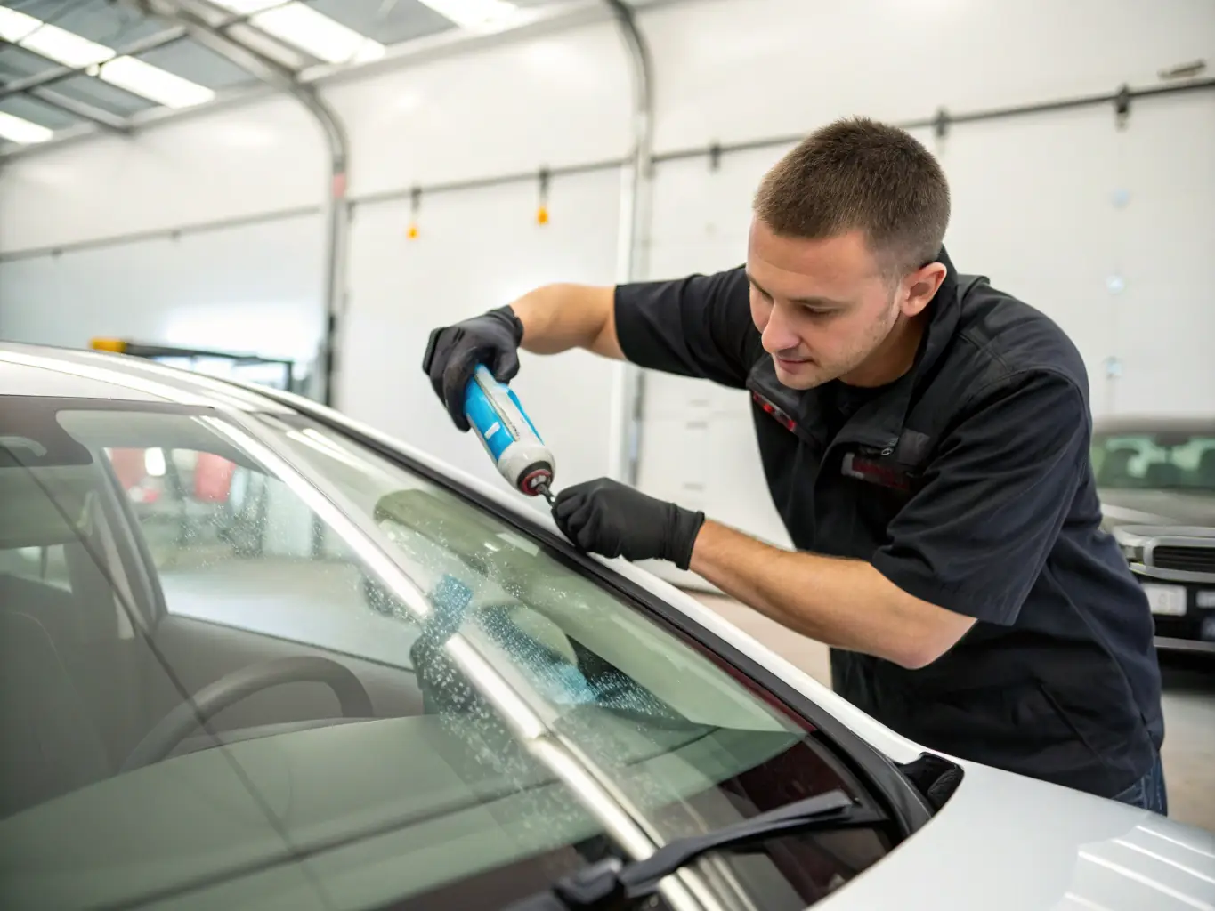 A close-up shot of a technician applying a sealant to a window frame, preventing dust and wind from entering the home, showcasing a proactive approach to environmental protection.