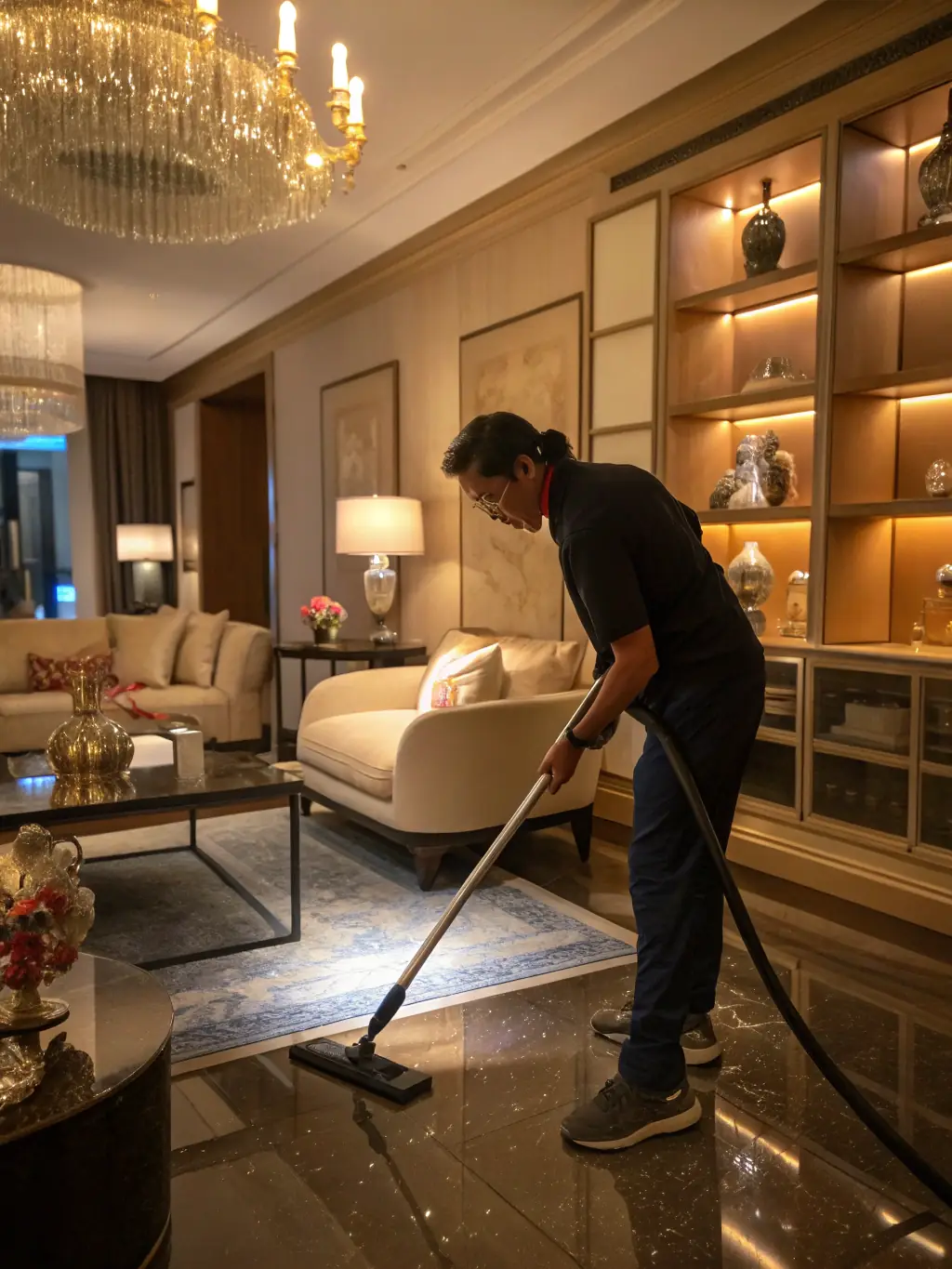 A close-up shot of a cleaning professional carefully dusting a vintage bookshelf in a Longmont home, showcasing attention to detail and care for delicate items.