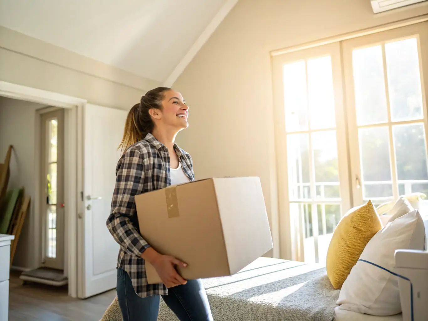 A high-resolution image depicting a person happily unpacking boxes in a bright, clean, and airy new home, symbolizing a fresh start. The focus is on the cleanliness and positive energy of the space.