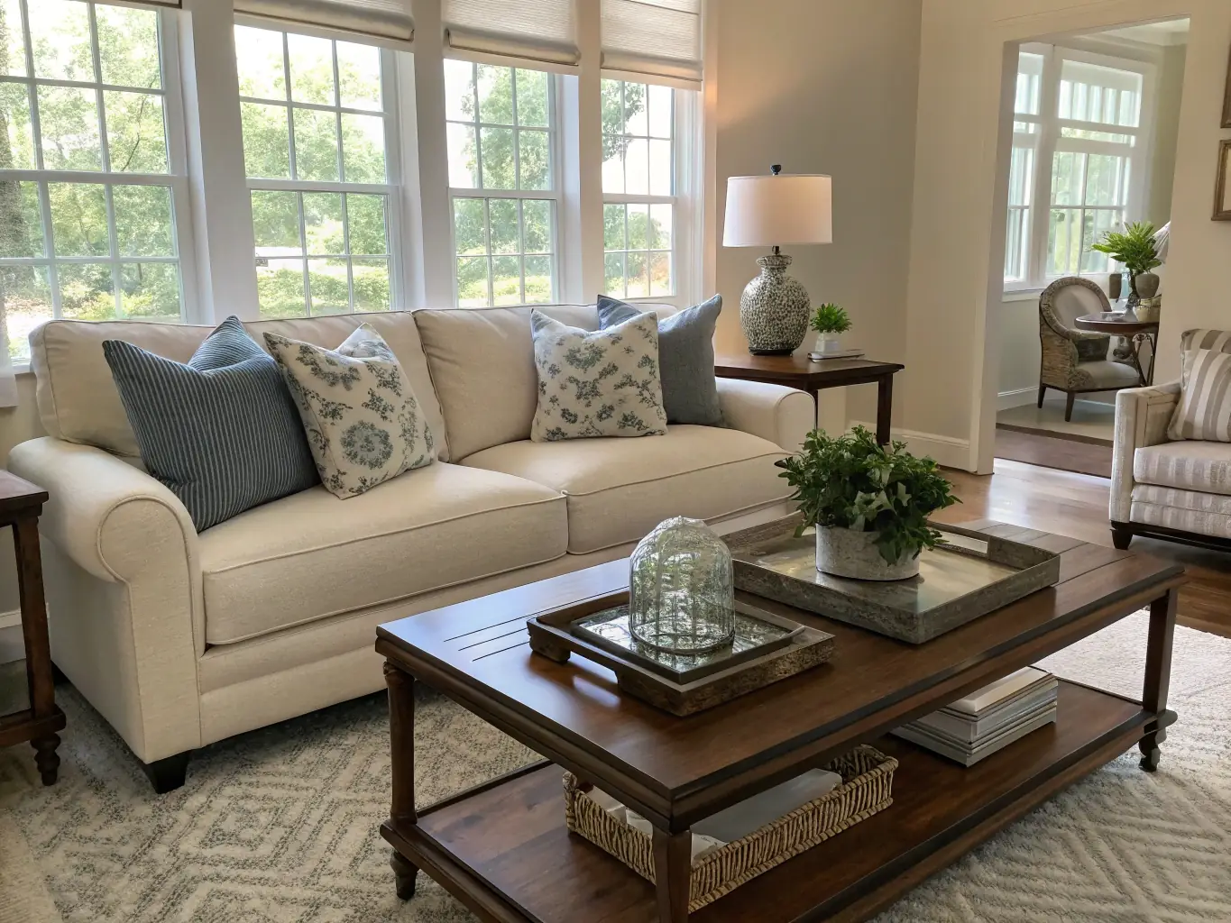 A wide shot of a beautifully cleaned and organized living room in a Boulder home, showcasing the pristine condition of the furniture, textiles, and overall space after a Bella's Mountain Vacation Cleaning service.