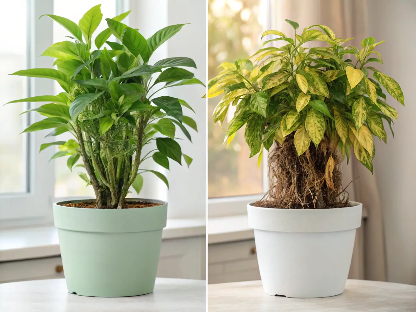 A split image showing a vibrant, healthy green plant on one side and a wilting plant exposed to harsh chemicals on the other, illustrating the contrast between genuine green cleaning and misleading marketing.