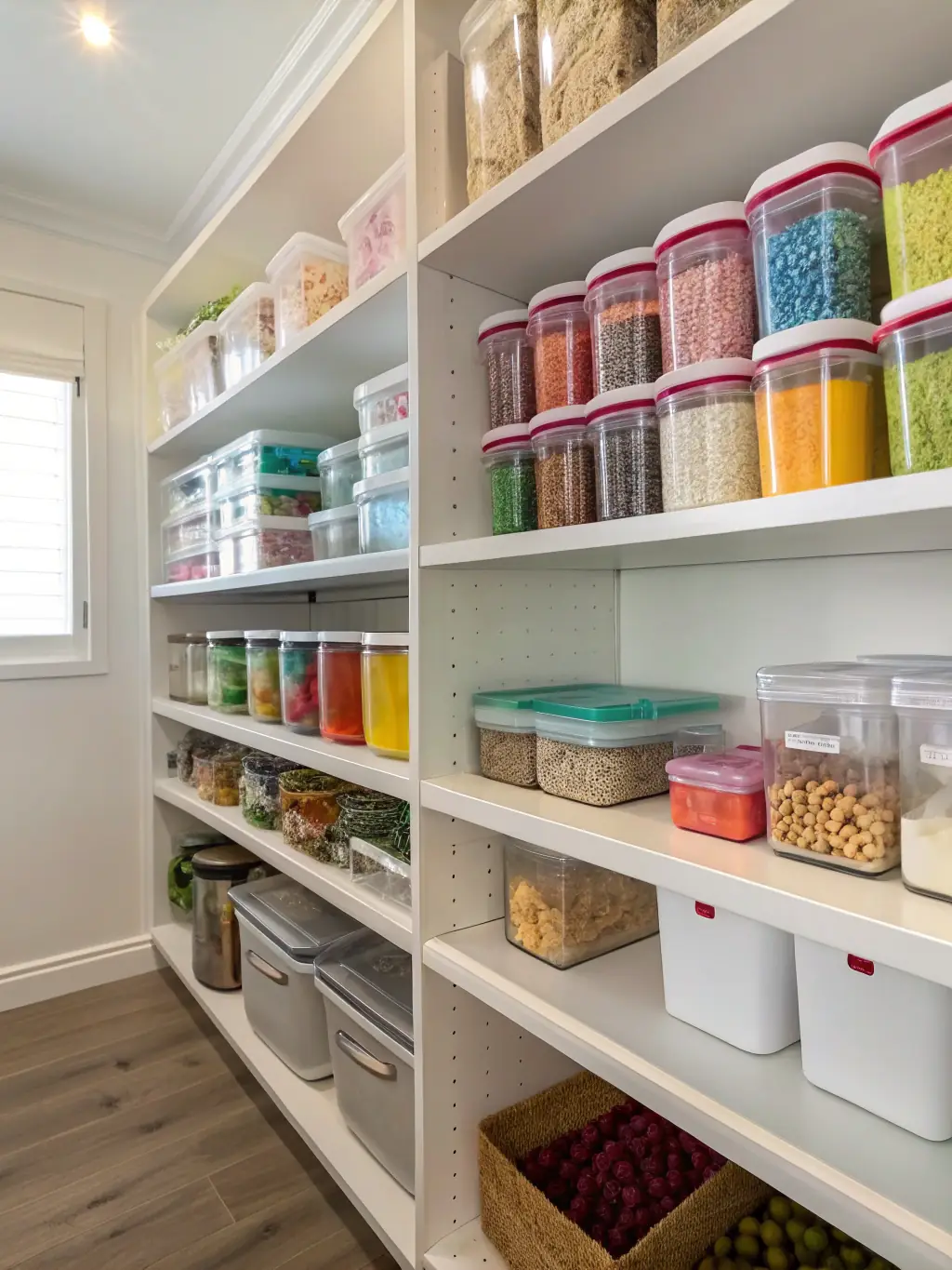 A well-organized pantry with labeled containers and neatly arranged shelves, showcasing the efficiency and functionality of a professionally organized space.