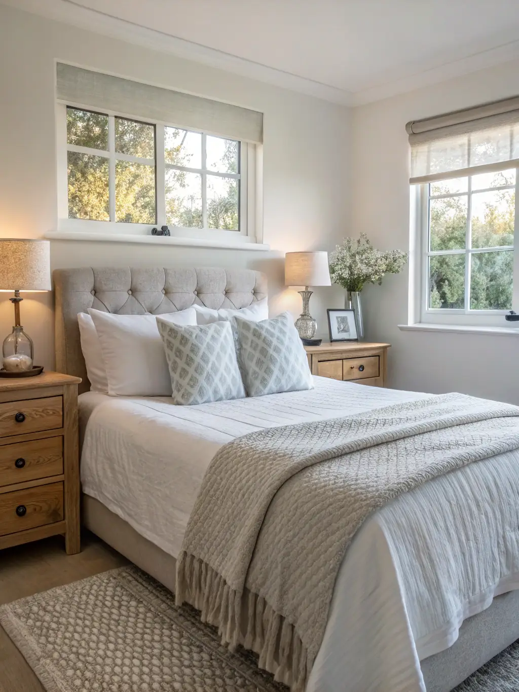 A serene bedroom with minimalist decor, featuring an open window with a gentle breeze flowing through sheer curtains, creating a sense of calm and improved air quality.