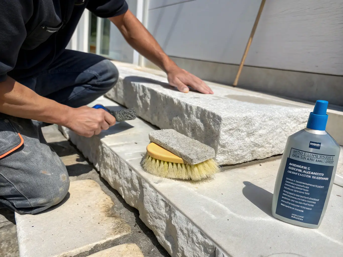 A close-up shot of a Bella's Mountain Vacation Cleaning technician carefully cleaning a natural stone countertop in a modern Boulder home, highlighting the attention to detail and eco-friendly cleaning products used.