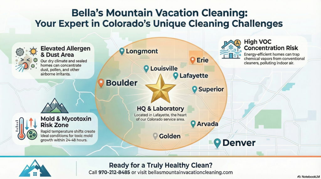 Static service area map for Bella's Mountain Vacation Cleaning, showing coverage in Lafayette, Boulder, Erie, Arvada, and the greater Front Range.