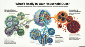 Think of the visible surface dust you clean as just the symptom. The true source of dust is a complex mixture of particles from various origins: Biological Matter: A significant portion of dust is made of dead skin cells shed by people and pets. Add in pet dander, pet hair, dust mites that feed on that skin, and airborne mold spores, and you have a potent cocktail of allergens. Textile and Fabric Fibers: Every soft surface in your home contributes to the dust load. This includes tiny carpet fibers from worn out carpet, particles from upholstery, bedding, window treatments like curtains, and even the clothes you wear. Combustion and Chemical Particles: Soot from cooking, burning candles, or a fireplace adds to the mix. Critically, many modern household items contribute unseen chemical particles. In fact, research shows that house dust can harbor potentially harmful chemicals like polybrominated diethyl ethers (PBDEs) from products like furniture and electronics. These particles off-gas into the air and eventually settle as dust.
