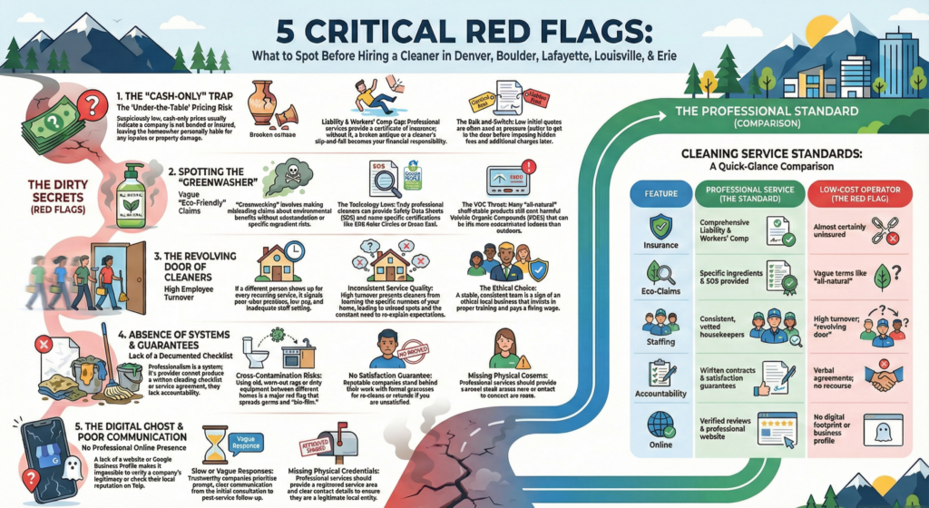 Infographic of 5 red flags when hiring a Boulder house cleaner, including lack of insurance and bait-and-switch pricing.